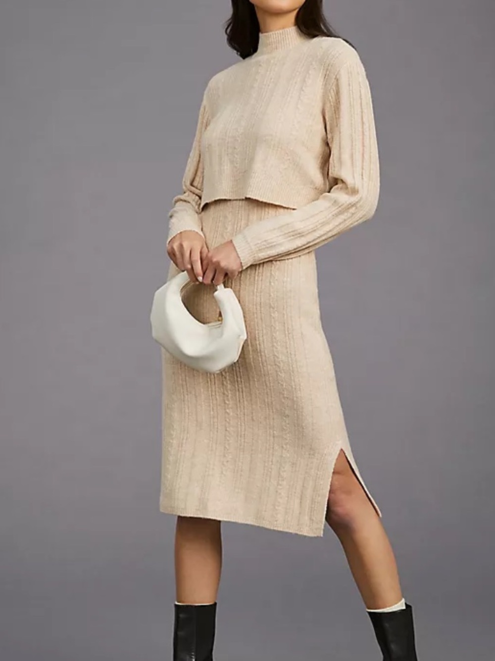 Current Air Dress Women S Beige Cable Knit Sweater Midi Mock Neck Layered
